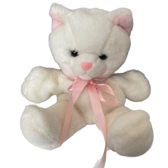 Teddy bear plush puppet, white with black eyes and pink ears, 13 inches tall. - Picture 1 of 6